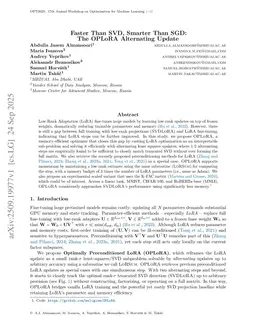 Faster Than SVD, Smarter Than SGD: The OPLoRA Alternating Update