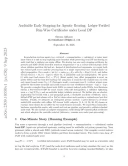 Auditable Early Stopping for Agentic Routing: Ledger-Verified Run-Wise Certificates under Local DP