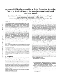 Automated MCQA Benchmarking at Scale: Evaluating Reasoning Traces as Retrieval Sources for Domain Adaptation of Small Language Models