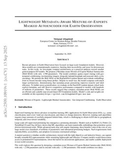 Lightweight Metadata-Aware Mixture-of-Experts Masked Autoencoder for Earth Observation