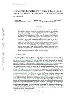 Localizing Task Recognition and Task Learning in In-Context Learning via Attention Head Analysis