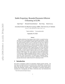 Stable Forgetting: Bounded Parameter-Efficient Unlearning in LLMs