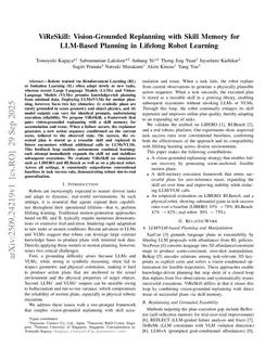 ViReSkill: Vision-Grounded Replanning with Skill Memory for LLM-Based Planning in Lifelong Robot Learning