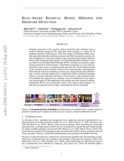 Real-Aware Residual Model Merging for Deepfake Detection