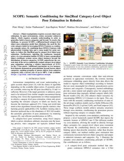 SCOPE: Semantic Conditioning for Sim2Real Category-Level Object Pose Estimation in Robotics