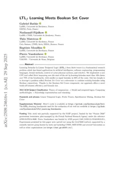 LTL$_f$ Learning Meets Boolean Set Cover