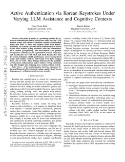 Active Authentication via Korean Keystrokes Under Varying LLM Assistance and Cognitive Contexts