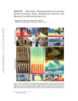 BRIDGE -- Building Reinforcement-Learning Depth-to-Image Data Generation Engine for Monocular Depth Estimation