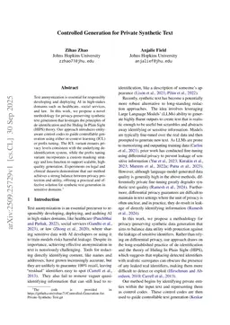 Controlled Generation for Private Synthetic Text