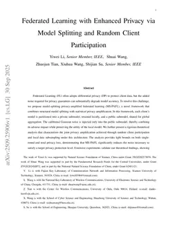 Federated Learning with Enhanced Privacy via Model Splitting and Random Client Participation