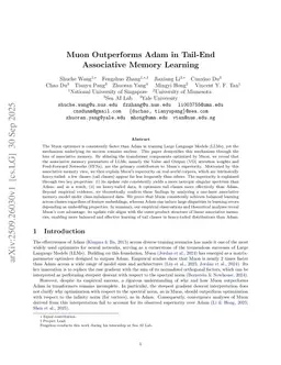 Muon Outperforms Adam in Tail-End Associative Memory Learning