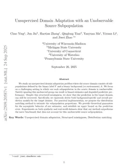 Unsupervised Domain Adaptation for Binary Classification with an Unobservable Source Subpopulation