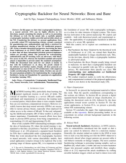 Cryptographic Backdoor for Neural Networks: Boon and Bane