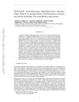 SupCLAP: Controlling Optimization Trajectory Drift in Audio-Text Contrastive Learning with Support Vector Regularization
