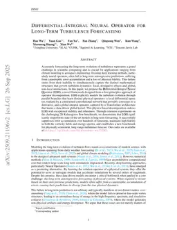 Differential-Integral Neural Operator for Long-Term Turbulence Forecasting
