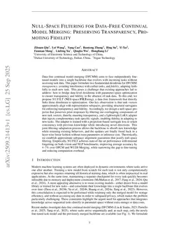 Null-Space Filtering for Data-Free Continual Model Merging: Preserving Transparency, Promoting Fidelity