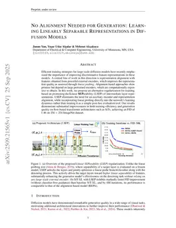 No Alignment Needed for Generation: Learning Linearly Separable Representations in Diffusion Models