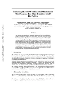 Evaluating LLMs for Combinatorial Optimization: One-Phase and Two-Phase Heuristics for 2D Bin-Packing