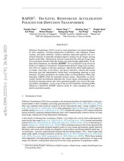 RAPID^3: Tri-Level Reinforced Acceleration Policies for Diffusion Transformer