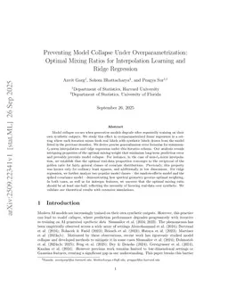 Preventing Model Collapse Under Overparametrization: Optimal Mixing Ratios for Interpolation Learning and Ridge Regression