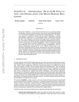 NanoFlux: Adversarial Dual-LLM Evaluation and Distillation For Multi-Domain Reasoning