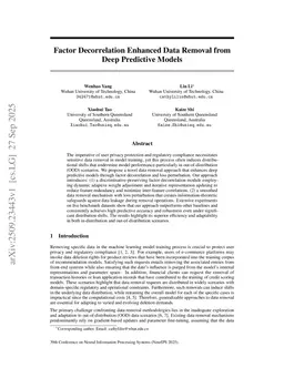 Factor Decorrelation Enhanced Data Removal from Deep Predictive Models