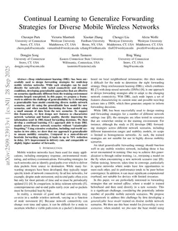 Continual Learning to Generalize Forwarding Strategies for Diverse Mobile Wireless Networks