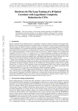 Hardware-In-The-Loop Training of a 4f Optical Correlator with Logarithmic Complexity Reduction for CNNs