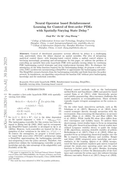 Neural Operator based Reinforcement Learning for Control of first-order PDEs with Spatially-Varying State Delay