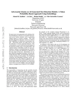 Adversarial Attacks on AI-Generated Text Detection Models: A Token Probability-Based Approach Using Embeddings