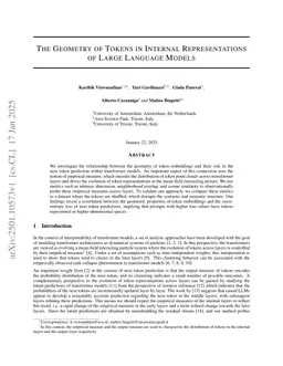 The Geometry of Tokens in Internal Representations of Large Language Models