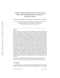 Adaptive Target Localization under Uncertainty using Multi-Agent Deep Reinforcement Learning with Knowledge Transfer