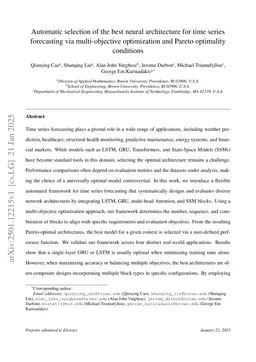 Automatic selection of the best neural architecture for time series forecasting via multi-objective optimization and Pareto optimality conditions