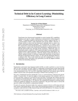 Technical Debt in In-Context Learning: Diminishing Efficiency in Long Context