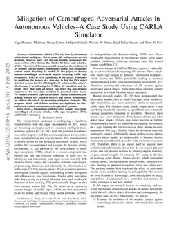 Mitigation of Camouflaged Adversarial Attacks in Autonomous Vehicles--A Case Study Using CARLA Simulator