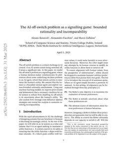 The AI off-switch problem as a signalling game: bounded rationality and incomparability