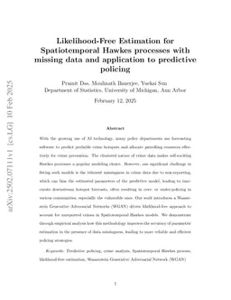 Likelihood-Free Estimation for Spatiotemporal Hawkes processes with missing data and application to predictive policing