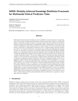 MIND: Modality-Informed Knowledge Distillation Framework for Multimodal Clinical Prediction Tasks