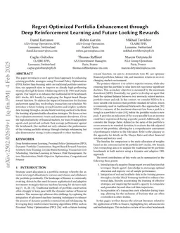 Regret-Optimized Portfolio Enhancement through Deep Reinforcement Learning and Future Looking Rewards