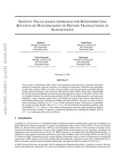 Shapley Value-based Approach for Redistributing Revenue of Matchmaking of Private Transactions in Blockchains