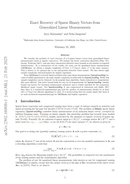 Exact Recovery of Sparse Binary Vectors from Generalized Linear Measurements