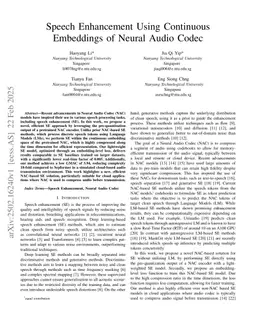 Speech Enhancement Using Continuous Embeddings of Neural Audio Codec