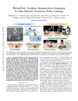 DemoGen: Synthetic Demonstration Generation for Data-Efficient Visuomotor Policy Learning