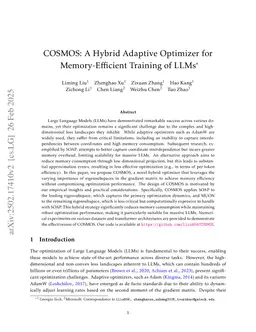 COSMOS: A Hybrid Adaptive Optimizer for Memory-Efficient Training of LLMs