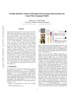 Stealthy Backdoor Attack in Self-Supervised Learning Vision Encoders for Large Vision Language Models