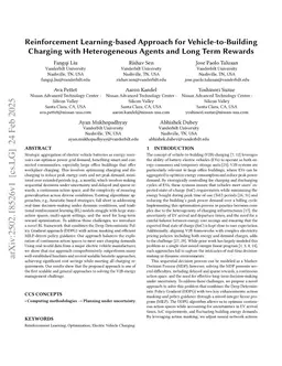 Reinforcement Learning-based Approach for Vehicle-to-Building Charging with Heterogeneous Agents and Long Term Rewards