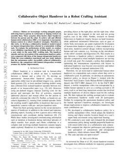 Collaborative Object Handover in a Robot Crafting Assistant