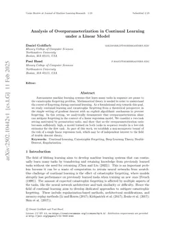Analysis of Overparameterization in Continual Learning under a Linear Model