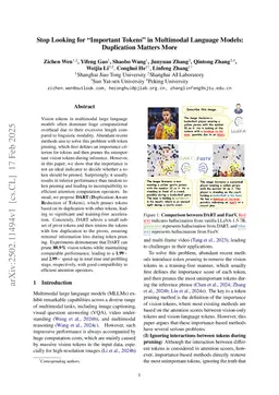 Stop Looking for Important Tokens in Multimodal Language Models: Duplication Matters More