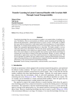 Transfer Learning in Latent Contextual Bandits with Covariate Shift Through Causal Transportability